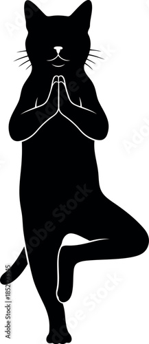 Black Cat Silhouette Practicing Yoga Tree Pose, Minimalist Animal Meditation Vector Art