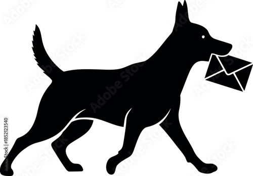 Silhouette of German Shepherd Dog Delivering Envelope Isolated on White Background Vector