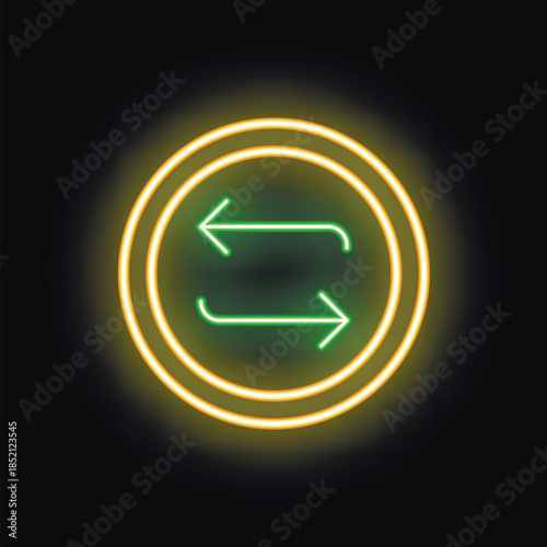 Glowing neon sign depicting two opposing arrows forming a circle, symbolizing a continuous exchange or process