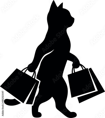 Silhouette Cat Shopping with Bags Vector Illustration for Retail and Pet Store Promotions