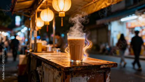 Hot street-style karak chai served in a glass at a night tea stall with steam and warm lights.