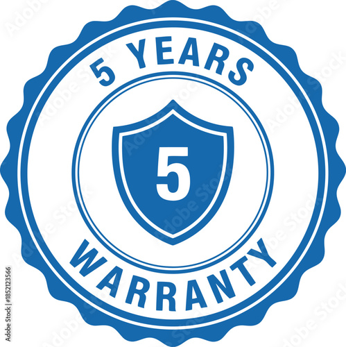 Blue Five Year Warranty Badge Icon with Shield Symbol for Product Guarantee and Quality Assurance