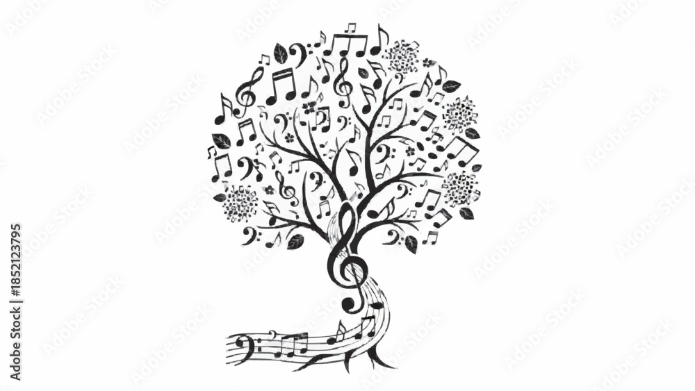 Obraz premium Creative abstract illustration of a tree of life made from musical notes, clefs, and symbols, representing the harmony of music.