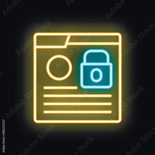 Glowing neon icon of a website with a padlock, representing the concept of online security