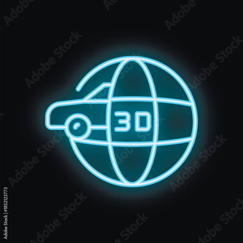 Neon glowing icon of a car being 3d printed on top of a globe, representing 3d printing on a global scale