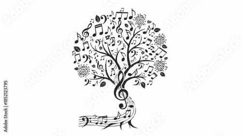 Creative abstract illustration of a tree of life made from musical notes, clefs, and symbols, representing the harmony of music.