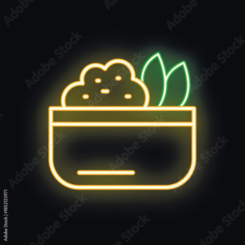 Bright neon icon of a salad made of lettuce and other vegetables, glowing on a black background