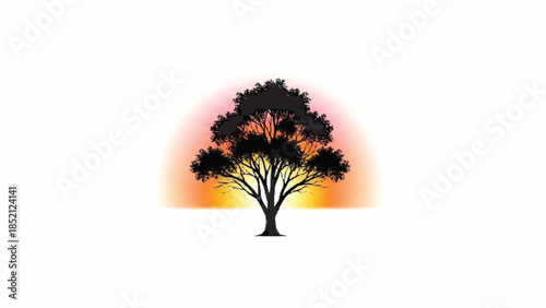 Beautiful silhouette of a detailed tree against a soft, glowing circular sunrise or sunset, creating a serene and peaceful mood.