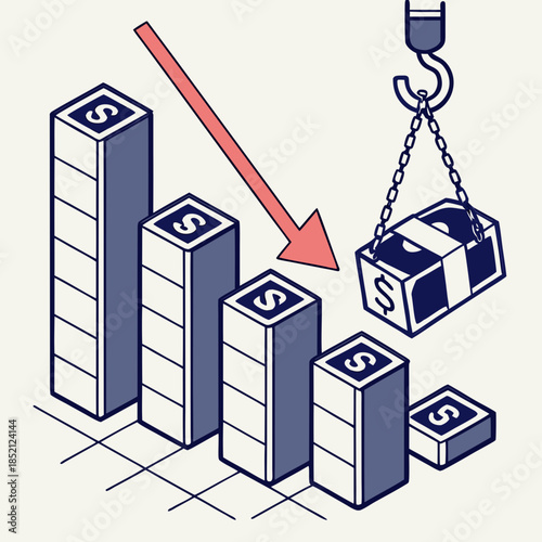 Business blocks with dollar signs being lowered by crane