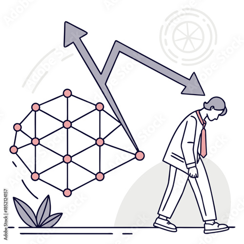 Man in business attire walking away from declining graph and network diagram