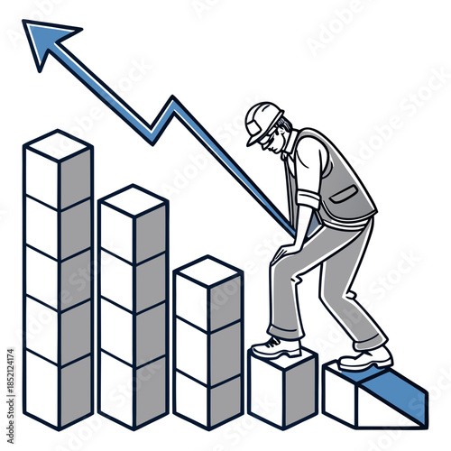 Man climbing blocks with declining graph trend decline
