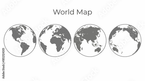 Segmented World Map Vector with Regional Circles for America, Europe, Africa, Asia, and Oceania in Stylized Educational and Geographic Graphic Illustration Design