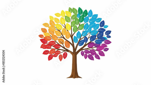 Vibrant and colorful tree illustration with leaves arranged in a beautiful rainbow spectrum, symbolizing diversity, joy, and creativity.