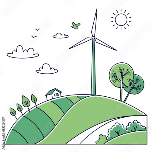 Green hillside with wind turbine house trees and sun