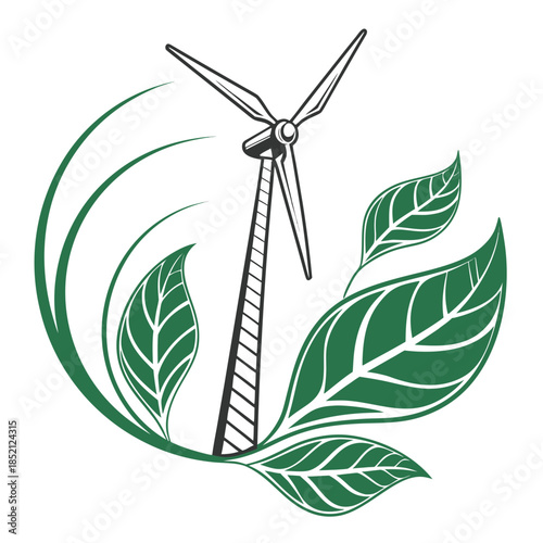 Wind turbine emerging from green leaf shape white background