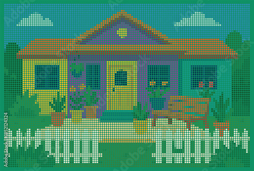 Colorful Suburban House with Garden and Picket Fence Halftone Poster