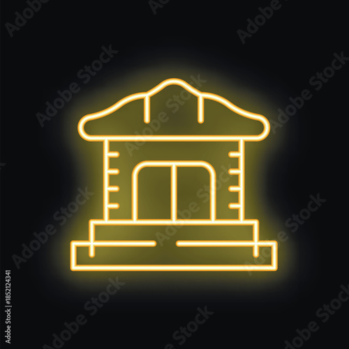 Glowing neon line icon of a traditional balinese house with steep thatched roof, small windows and short porch