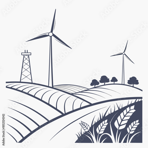 Wind turbines in a field with trees and crops on white background