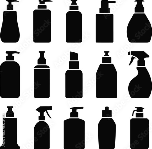 Set of cosmetic, soap, and spray bottle silhouettes vector icons