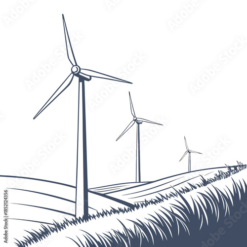 Wind turbines on rolling hills with grass wind energy
