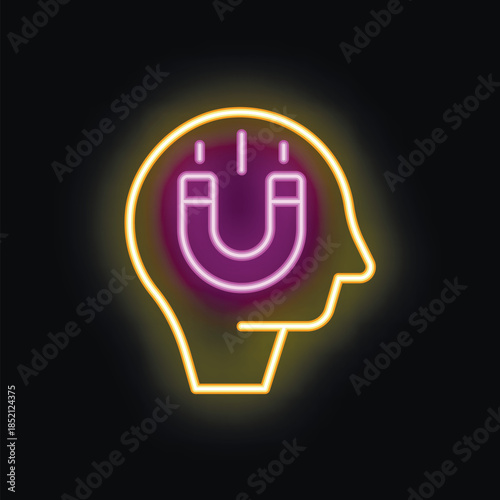 Neon glowing outline icon of a human head profile with a magnet inside, representing the concept of customer attraction