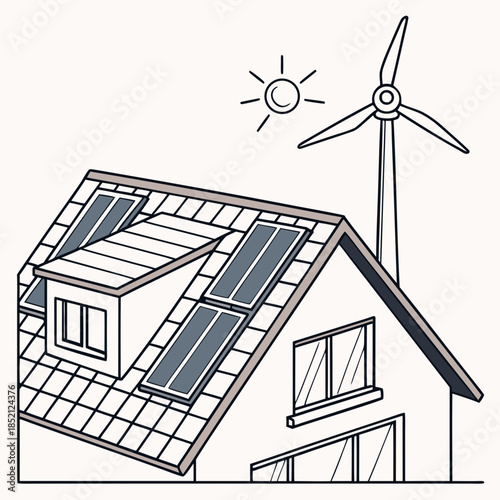 House roof with solar panels and wind turbine