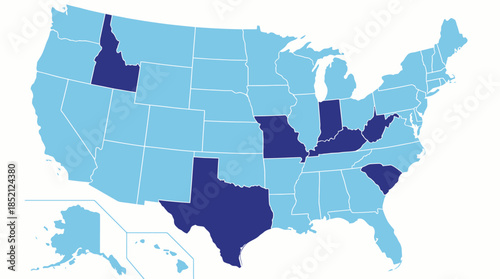 USA Vector Map with Highlighted States in Dark Blue for Comparative, Political, Regional, or Data Visualization Use in Graphic Design and Illustration
