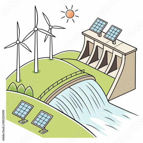 Hybrid energy composition with solar panels wind turbines and hydroelectric dam 1