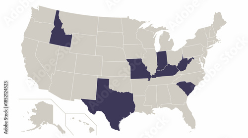 USA Vector Map with Highlighted States in Dark Blue for Comparative, Political, Regional, or Data Visualization Use in Graphic Design and Illustration