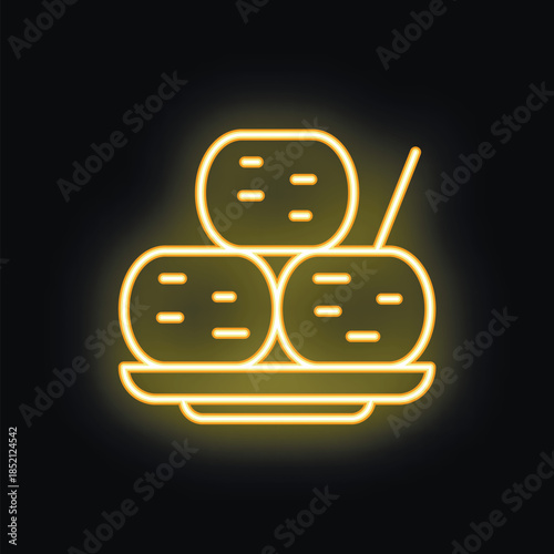 Yellow neon sign showing three falafel balls on a plate, with a toothpick, on a black background