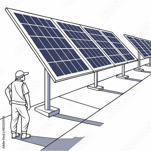 Solar panel array with worker inspecting angled modules