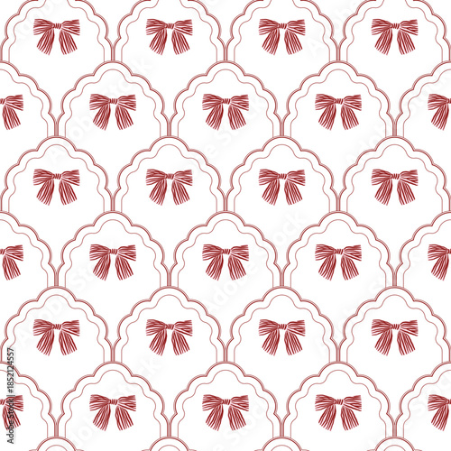 Vector coquette bow scallop pattern. Red seamless elegant ribbon pattern. Perfect for greetings, invitations, wrapping paper, textile and stationery. Vector preppy pattern