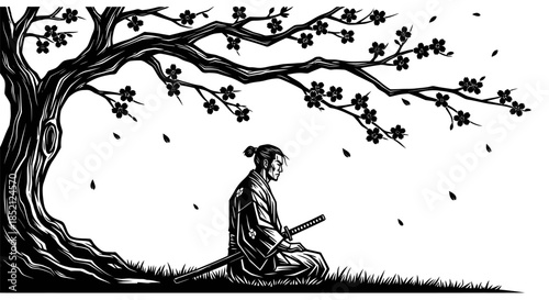 Meditative Samurai Under Cherry Blossoms Contemplating Serenity and Focus.