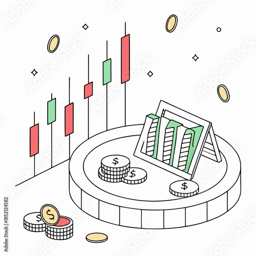 Floating circular platform with market bars and coins 1