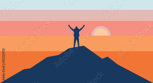 Man Standing on Mountain Peak at Sunset, Adventure Landscape Illustration