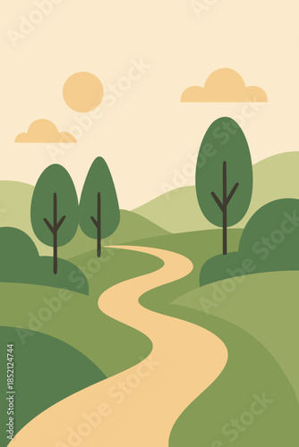 Winding Path Through Hills, Minimal Nature Landscape Illustration