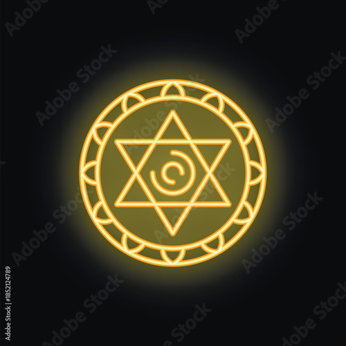 Neon yellow hexagram is glowing on a dark background, perfect for projects related to esotericism, magic, or spirituality