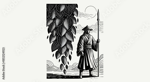 Ancient Asian Warrior Standing Guard with Spear.