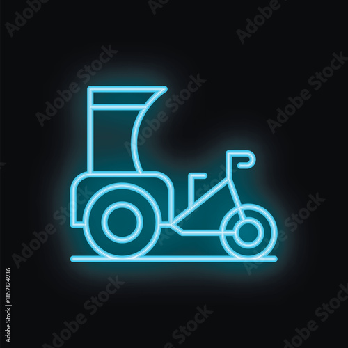 Blue glowing neon sign of a traditional auto rickshaw taxi on a dark background