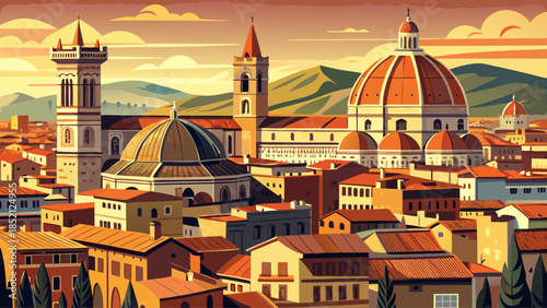 Very beautiful panoramic view of Florence rooftops with the iconic Duomo rising above the city, capturing Renaissance charm, warm tones, and refined architectural harmony under soft Italian daylight.