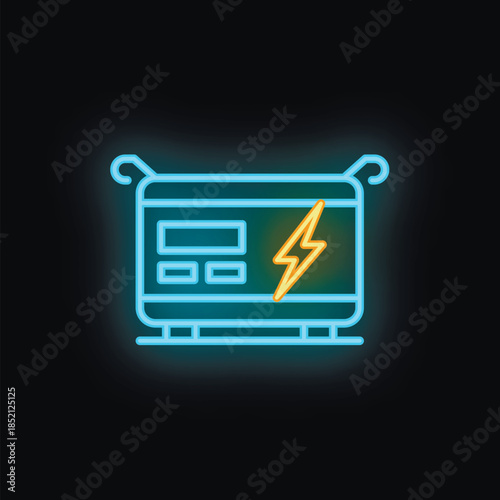 Bright, blue and yellow neon generator is providing electricity