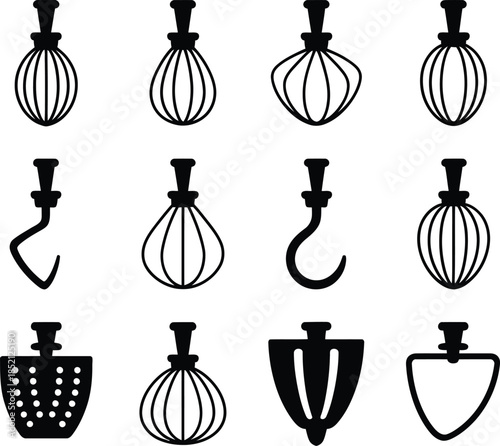 Set of kitchen mixer attachments icons showing whisks, dough hooks, and beaters