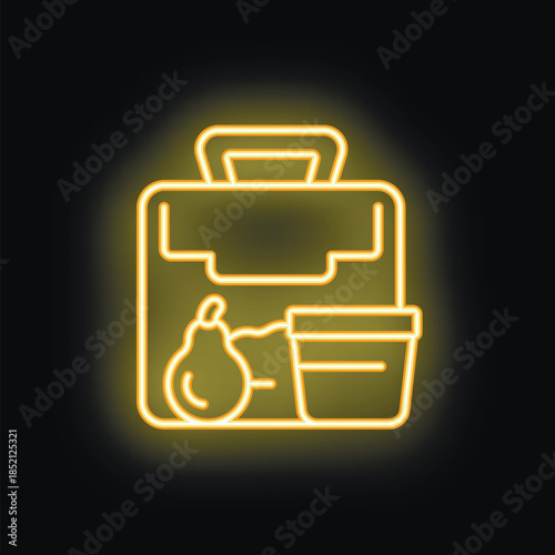 Neon lunch bag icon glowing yellow against a black background, with a pear and yogurt cup inside, symbolizing a healthy packed lunch