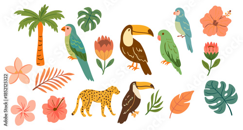 Tropical Jungle Collage – Exotic Birds, Flowers & Wildlife in Vibrant Style