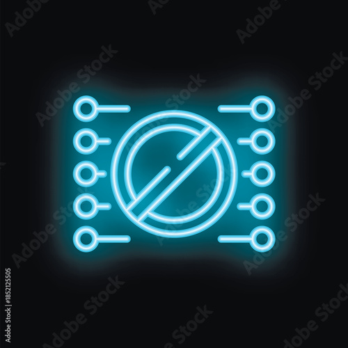 Neon blue prohibition sign glowing on circuit board representing access denied
