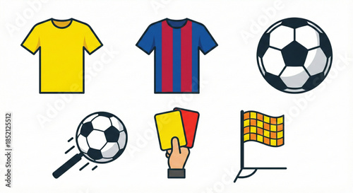Soccer Icons Set Jersey, Ball, Referee Cards, Corner Flag & Magnifying Glass