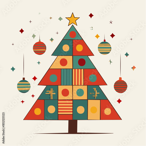 Christmas tree with colorful ornaments. Holiday decoration illustration. Geometric shapes tree. Festive background. Vector design. Colorful Christmas tree. Ornaments and star. White