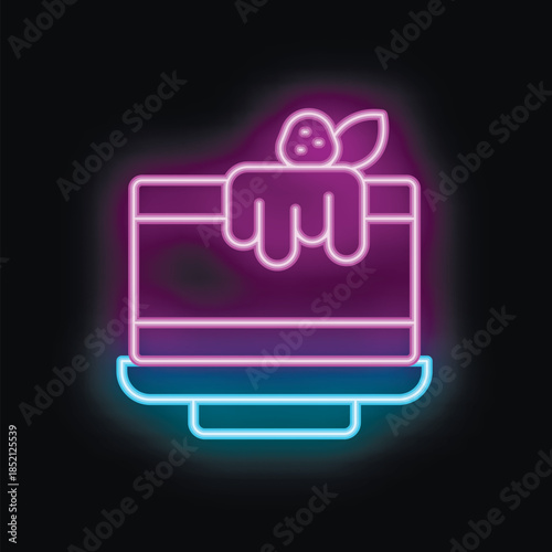 Vibrant neon sign depicting a tempting cake, perfect for bakery, cafe, or restaurant advertising
