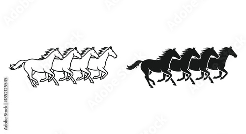 Galloping horses in contrasting styles a white line art and a bold black silhouette