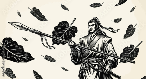 Determined Warrior with Spear Amidst Falling Leaves Illustration.